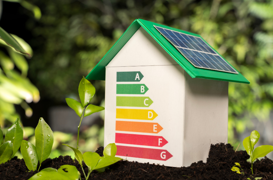 Zonne-energiehuis omringd door groene planten met een energie-efficiëntielabel van Label A Team voor energiezuiniger wonen.